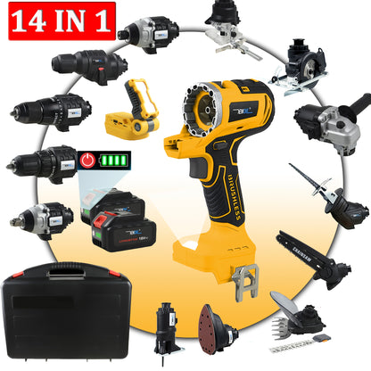 18V Draadloze Multitool – Boormachine – Decoupeerzaag – Cirkelzaag – Kettingzaag – 14-in-1 Combo Set – 2 x 4.0Ah Lithium Batterijen – Borstelloze Motor – Geel