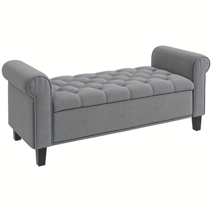 Bankje – Gestoffeerd Bankje – Bedbank – Velvet Look Zitbank – Halbankje – Grijs – Opbergruimte – Belastbaar tot 120 kg – 126x48,5x47 cm