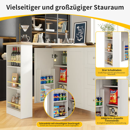 Keukeneiland – Keukentrolley – Keukenkast – Buffetkast – Organizer – 360° Draaibaar – MDF Wit – 135-203x39x106 cm – Inclusief Snackrek