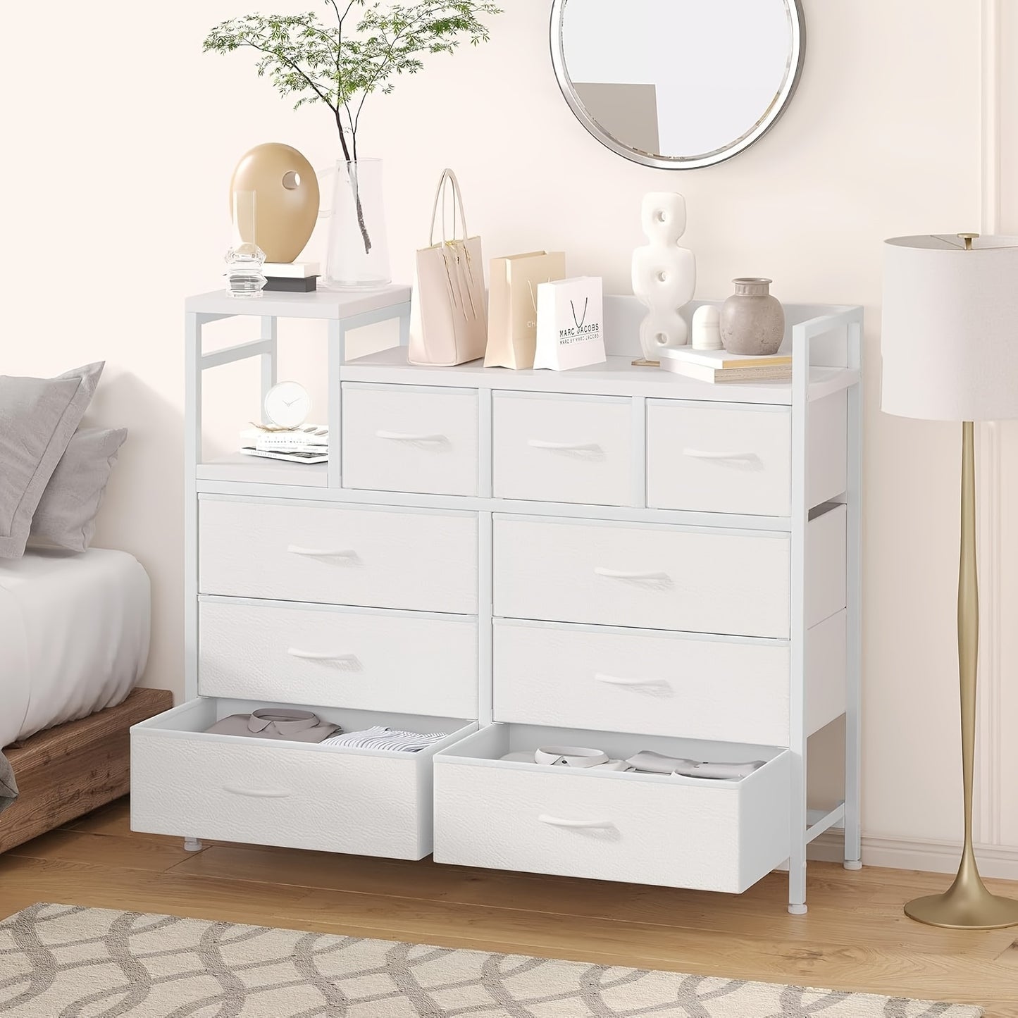 Drawer cabinet, dresser with 9 drawers, storage cabinet suitable for bedroom, wide dresser with shelves, for storage and organization, 100*30*86cm