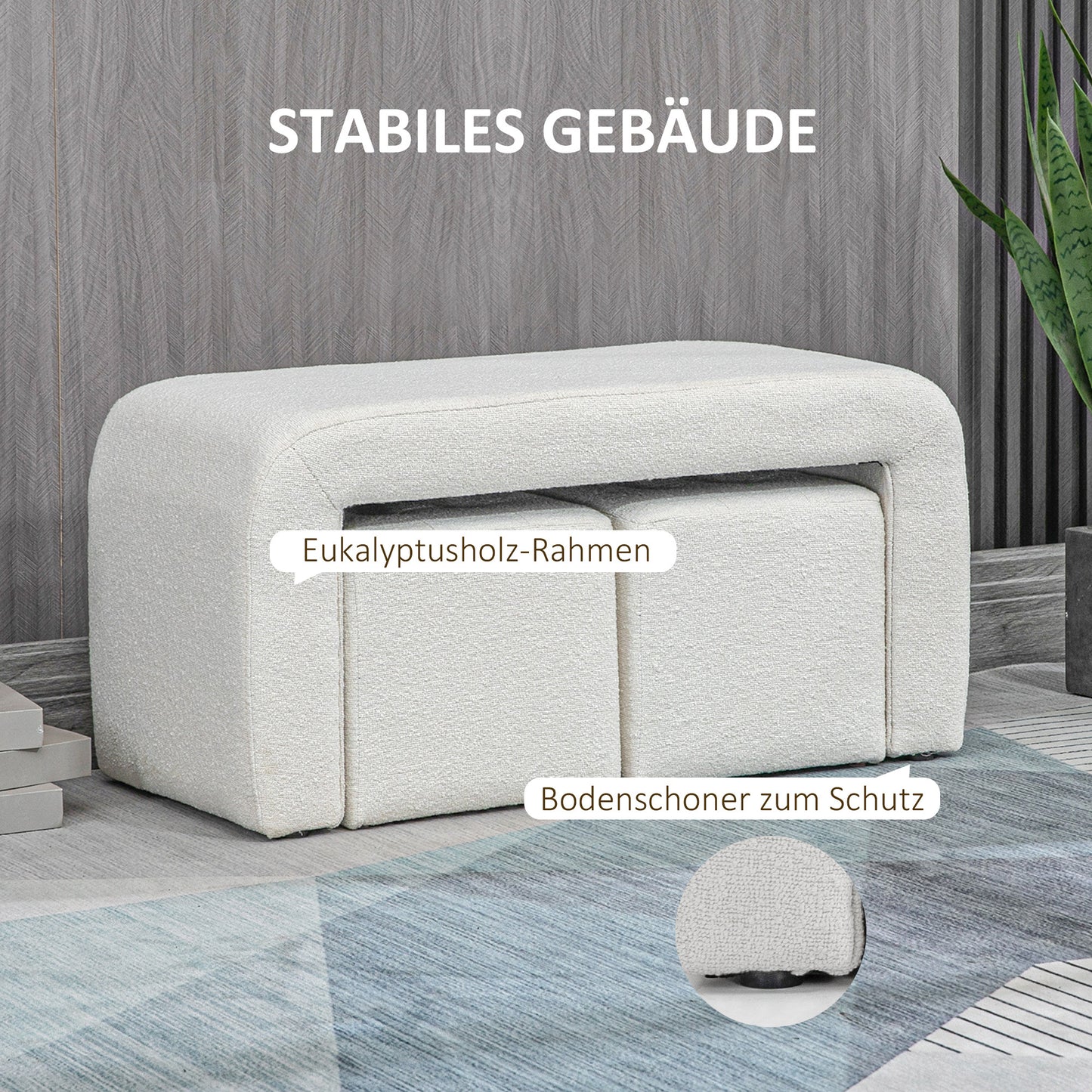 Poef – Hocker – Voetenbankje – Kruk – Opbergpoef – Set van 3 – Wit – Comfortabel Zitten – Stevig Eucalyptushouten Frame
