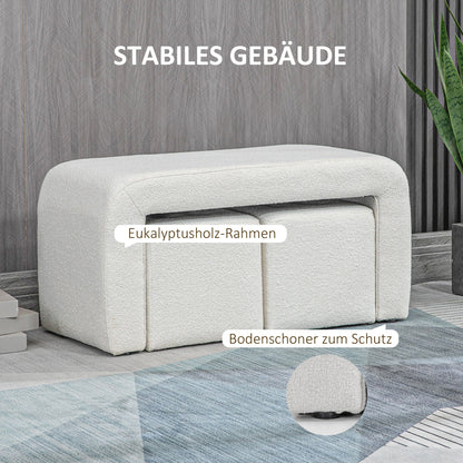 Poef – Hocker – Voetenbankje – Kruk – Opbergpoef – Set van 3 – Wit – Comfortabel Zitten – Stevig Eucalyptushouten Frame
