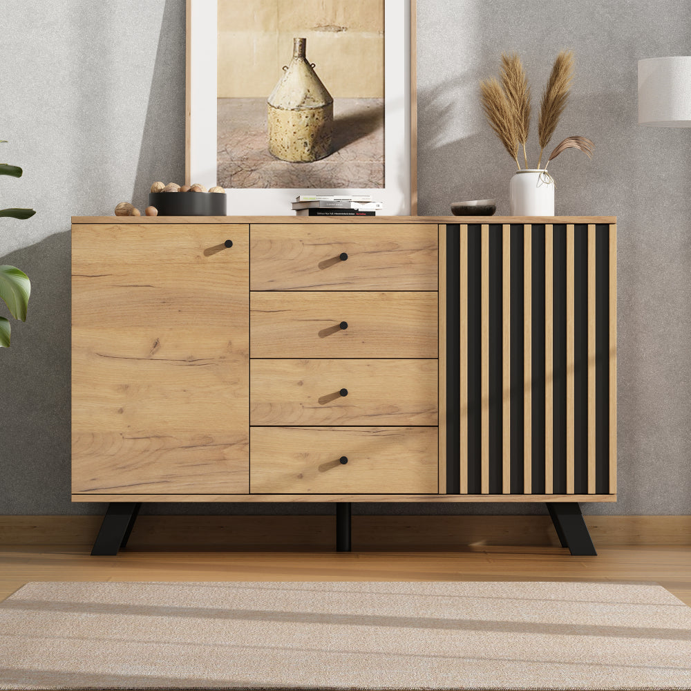 Dressoir – Sideboard – Ladekast – Opbergkast – Commode – Modern Wit – 4 Laden & 2 Deuren – 120x38x75 cm – Zwarte Poten