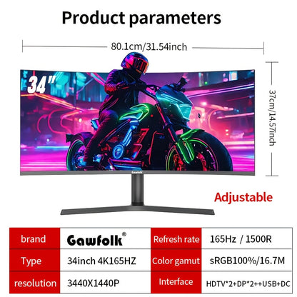 Ultrascherpe Monitor – Curved Scherm – Ultrawide Display – Gaming Monitor – Kantoor Monitor – 34 Inch – UWQHD 3440x1440 – 165Hz Verversingssnelheid
