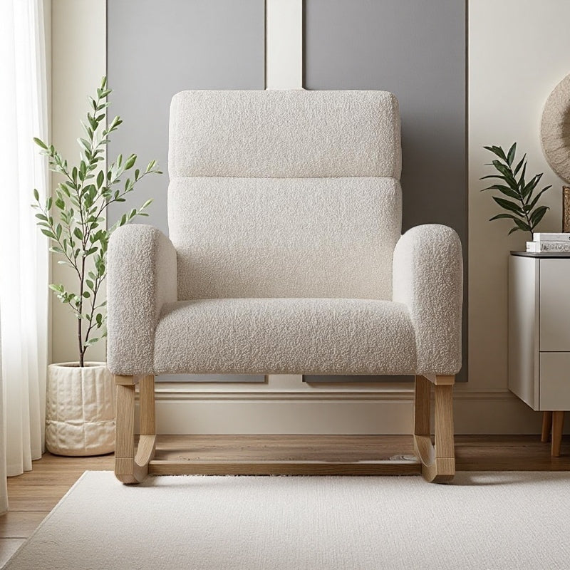 Schommelstoel – Relaxstoel – Schommelbank – Lounge Stoel – Beige Variant – Zachte Schapenvacht Bekleding – Verstelbare Voetsteun Met Lendenkussen