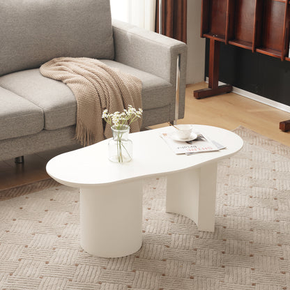 Modern White Curved Coffee Table - 100cm Long Irregular Oval/oval-like (not a true oval) Tabletop, Space-Saving Sturdy Metal-Free Assembly Design, Low-Maintenance White Finish, Large Living Room Center Table for Sofa & Bedsid