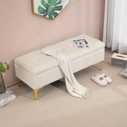 Opbergbankje – Zitbank – Opbergkist – Halbank – Poef – Beige Gestoffeerd – Met Opbergruimte – 120x44x44,5 cm – Met Goudkleurige Metalen Poten