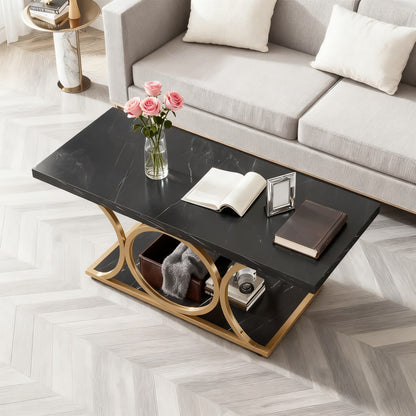 Salontafel – Koffietafel – Woonkamertafel – Bijzettafel – Tafel – Rechthoekig 120 cm – Zwart Faux Marmer Blad – Gouden Metalen Poten – 2 Niveaus Opbergruimte