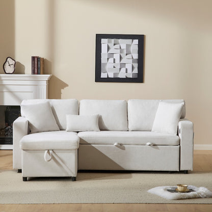 Hoekbank Bedbank – L-vormige Slaapbank – U-bank – Sofa Met Opberglade – Beige Stof – Moderne Woonkamer – Met Opbergruimte – Pull-out Slaapfunctie