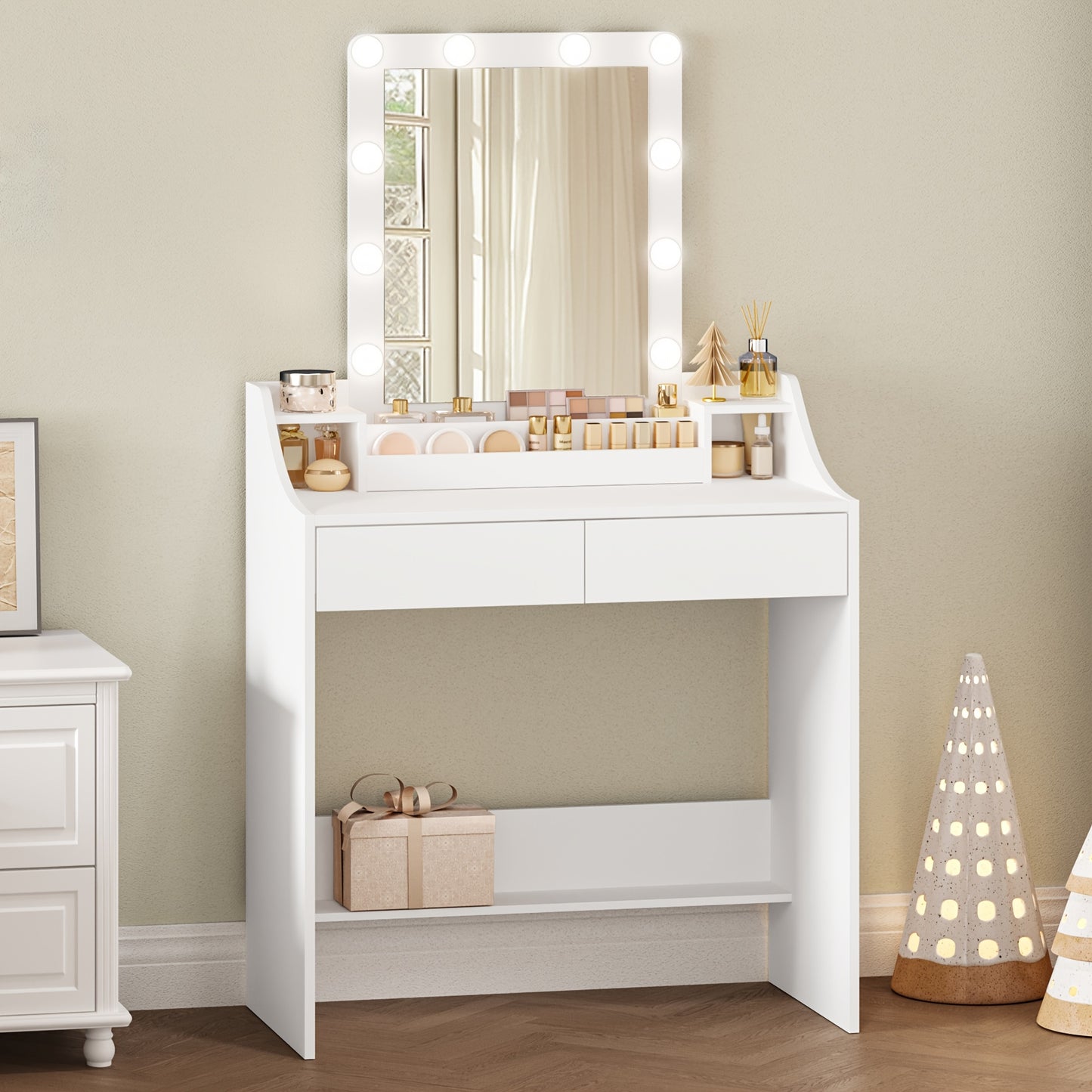 Make-uptafel – Kaptafel – Make-up Bureau – Schminktisch – Make-up Tafel Wit – Met Verstelbare LED-Verlichting – 2 Lades En 3 Open Vakken