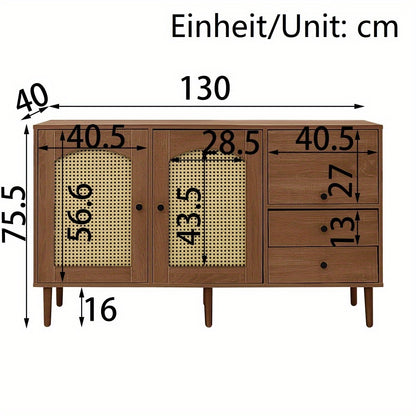 Dressoir – Sideboard – Opbergkast – Kast – Buffetkast – Landelijke Stijl – Rieten Deuren – Magnetische Sluiting – Verstelbare Legplanken – 130 x 75,5 x 40 cm – Stevige Constructie