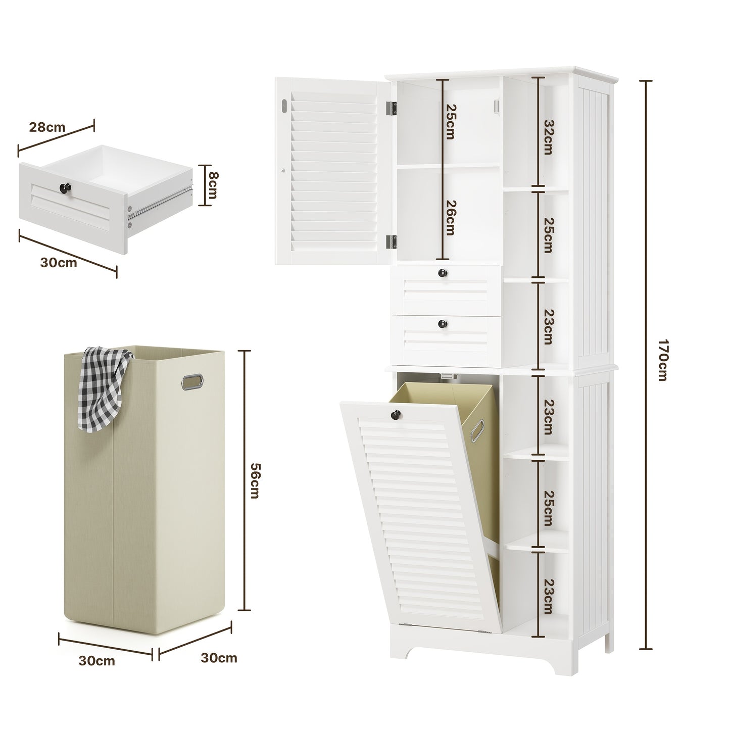 Modern Hoog Badkamerkast – Badkamermeubel – Opbergkast – Staande Kast – Opbergmeubel – Met Opvouwbare Waszak – 2 Deuren & 1 Lade – 6 Open Planken – Duurzaam Hout en Stof – Ruimtebesparend Design – Hoogte 68,58 cm