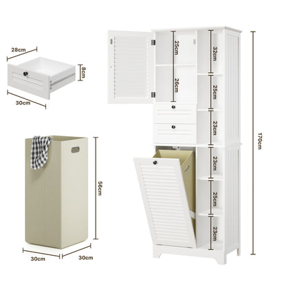 Modern Hoog Badkamerkast – Badkamermeubel – Opbergkast – Staande Kast – Opbergmeubel – Met Opvouwbare Waszak – 2 Deuren & 1 Lade – 6 Open Planken – Duurzaam Hout en Stof – Ruimtebesparend Design – Hoogte 68,58 cm