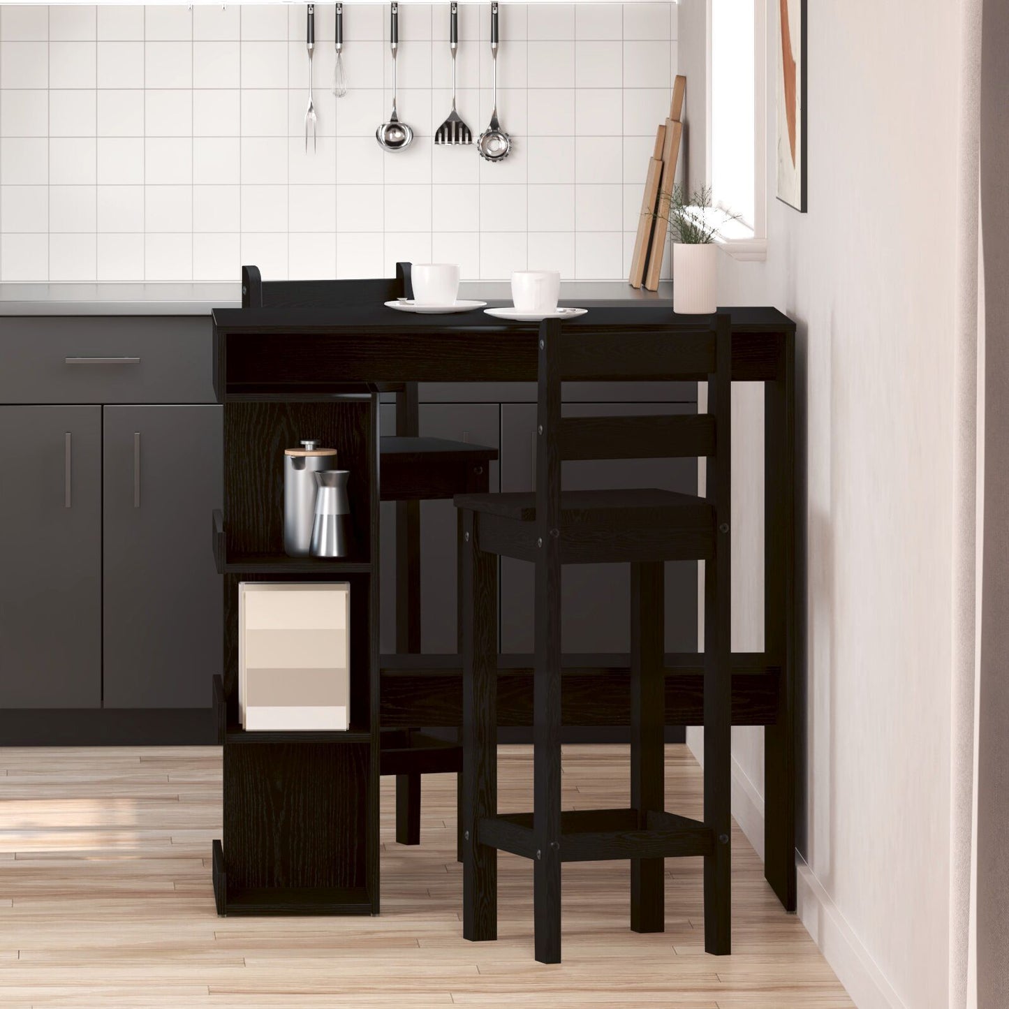 Bartafel – Barkruktafel – Keukentafel – Ontbijttafel – Zwarte Eikenhouten Bar Tafel Schwarz – Ruimtebesparend Design – Extra Opbergruimte