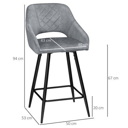 Velvet Barkruk – Hoge Barstoel – Keukenstoel – Barstoel Met Armleuning – Barstoel Met Voetsteun – Set Van 2 – Zachte Zitting – Stabiele Metalen Poten – Grijs – 67 Cm Hoog