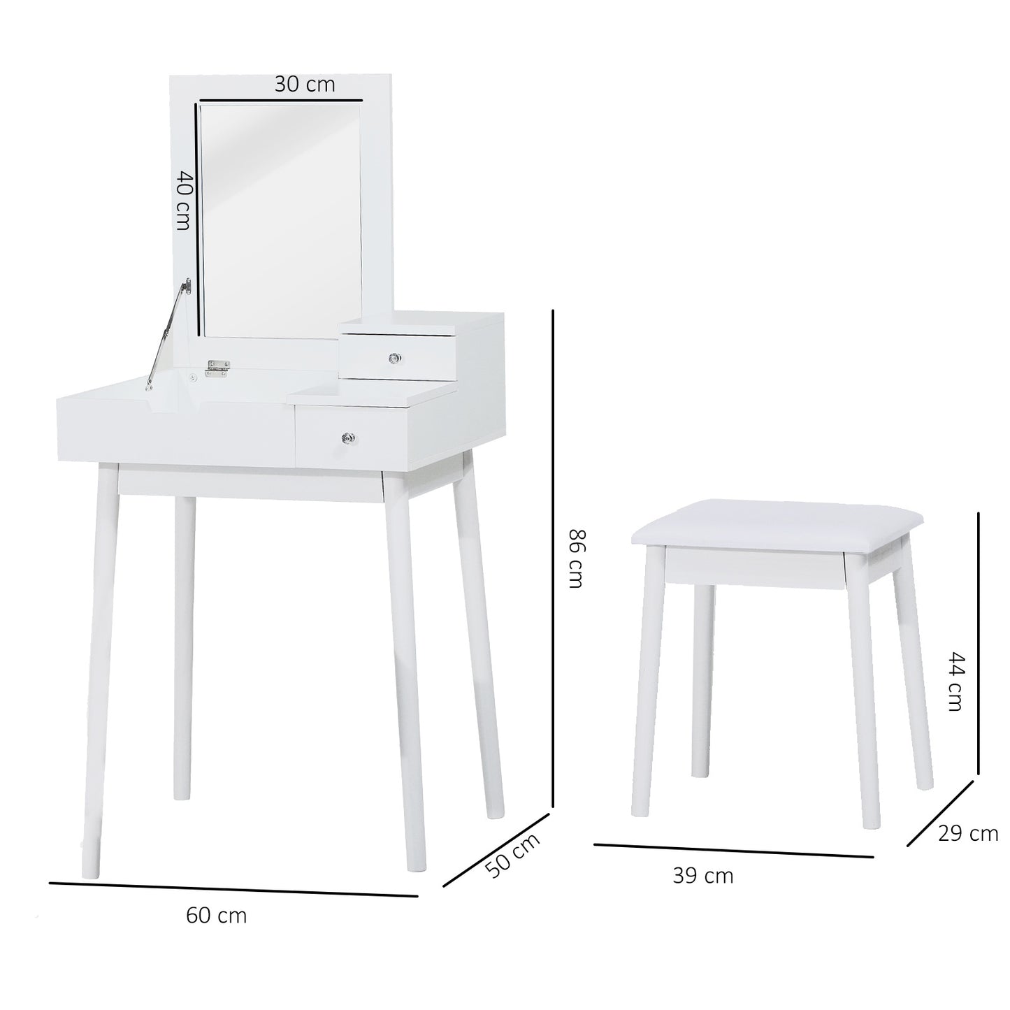 Make-uptafel – Make-uptafel – Kaptafel – Schminktisch – Toillet tafel – Wit MDF – Inklapbare Spiegel – Inclusief Krukje – Opbergruimte