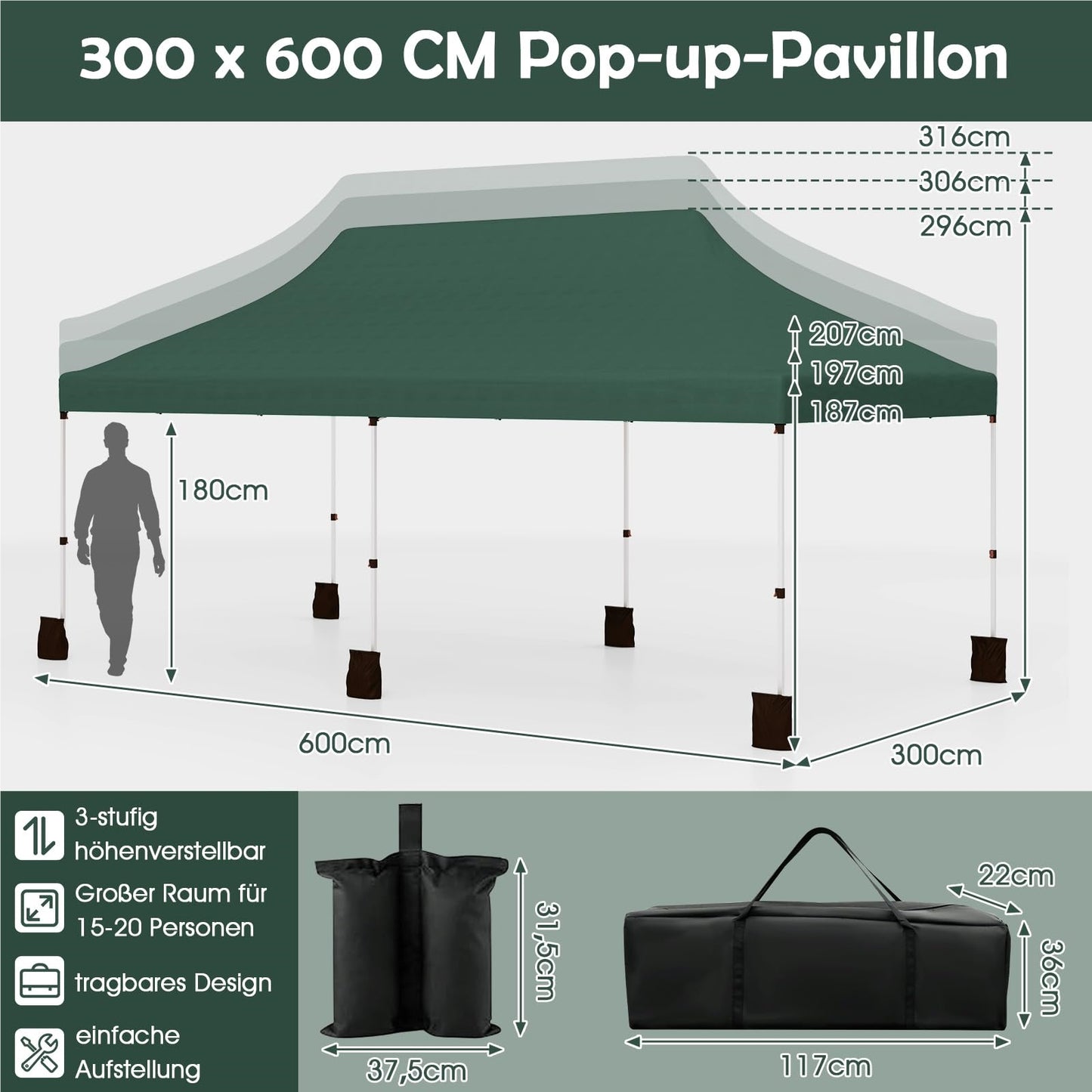 Paviljoen – Vouwtent – Partytent – Tuinkamer – Tent – Waterbestendig – Hoogte verstelbaar – 3x6m – Groen – UV Bescherming SPF50+ – Sterk Metalen Frame