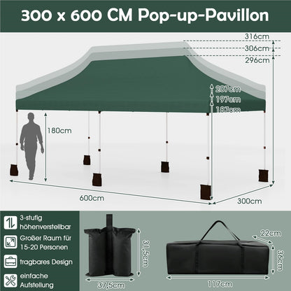 Paviljoen – Vouwtent – Partytent – Tuinkamer – Tent – Waterbestendig – Hoogte verstelbaar – 3x6m – Groen – UV Bescherming SPF50+ – Sterk Metalen Frame
