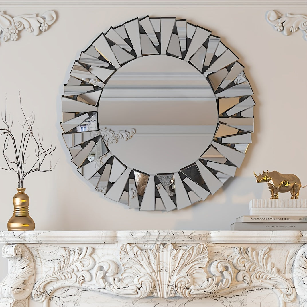 1pc Modern Sunburst Wall Mirror, 80cm Large Round HD Glass Decorative Mirror with Wood Frame, Polished Finish for Living Room, Bedroom, Bathroom - Horizontal Orientation, No Electricity Needed