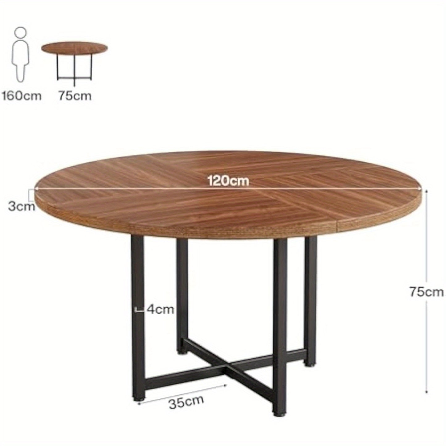 Ronde Eettafel – Keukentafel – Dinertafel – Eettafel Klein – Ronde Tafel – 120 cm Diameter – Houten Blad Met Stalen Kruispoten – Modern Minimalistisch Design