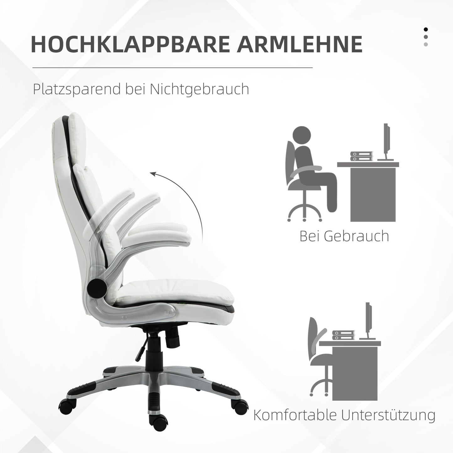 Ergonomische Bureaustoel – Bureaustoel – Kantoorstoel – Werkstoel – Desk Chair – Verstelbare Hoogte – Inklapbare Armleuningen – Kantelbare Rugleuning – Gevoerd PU-Leder – Wit