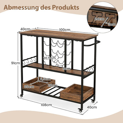 Serveerwagen – Barwagen – Trolley – Wijnkar – Serveerkar – 3-laags Ontwerp – Robuust Hout & Metaal – 8 Wijnglazen & 9 Flessenhouder – 4 Wielen Met Remmen – Rustiek Bruin