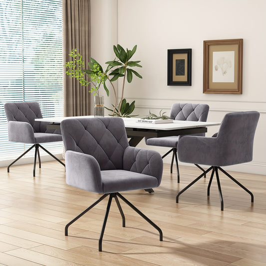 Eetkamerstoel – Stoel – Kuipstoel – Loungestoel – Zetel – Fluwelen Bekleding – Metalen Poten – Ergonomische Rugleuning – Set van 4 – Grijs – Diamantpatroon