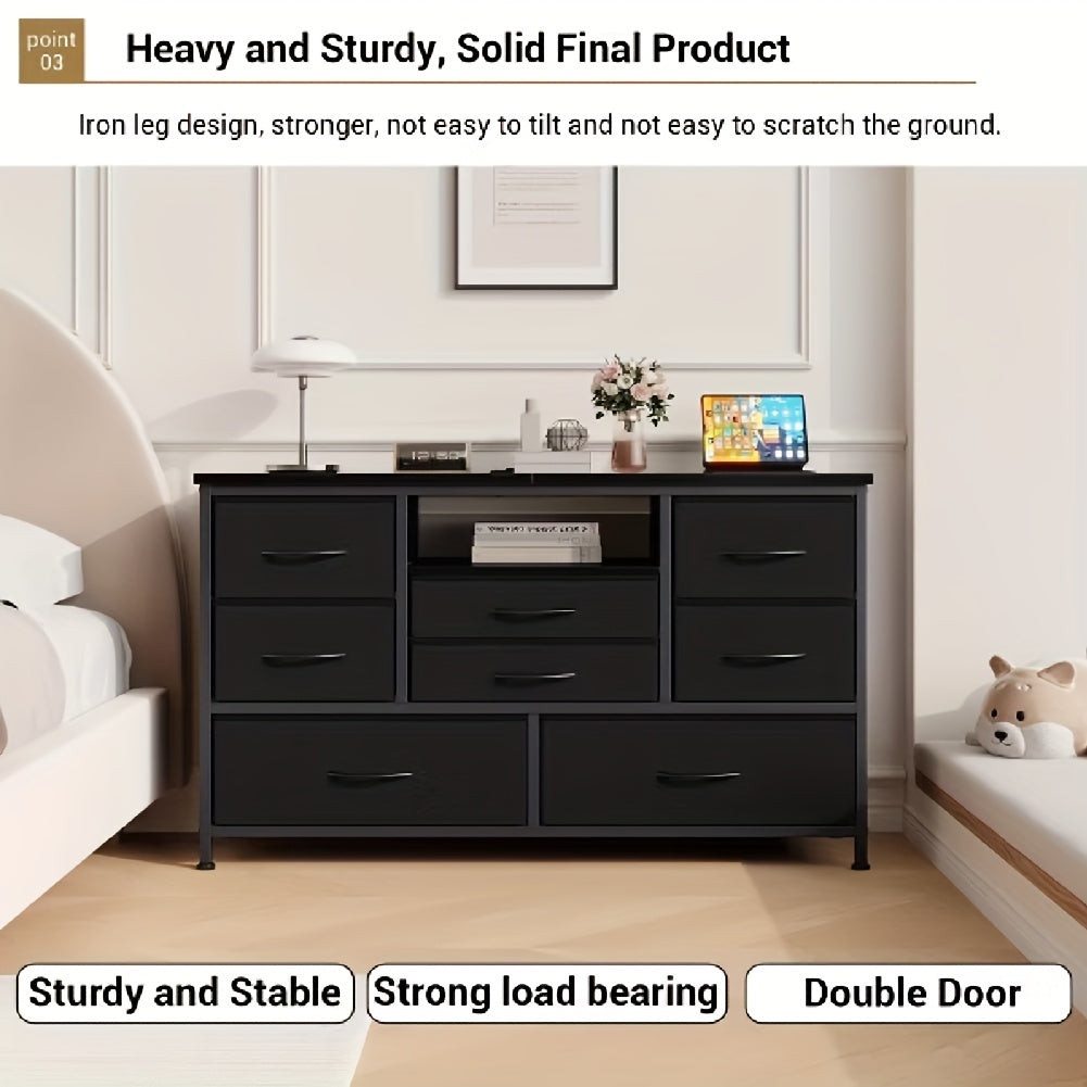 Ladekast – Ladenkast – Dressoir – Tv-meubel – 8 Lades Zwart Met Houtnerf – Geschikt Voor Tv Tot 139,7 Cm – MDF En Carbonstaal – Compact 120x37x75 Cm