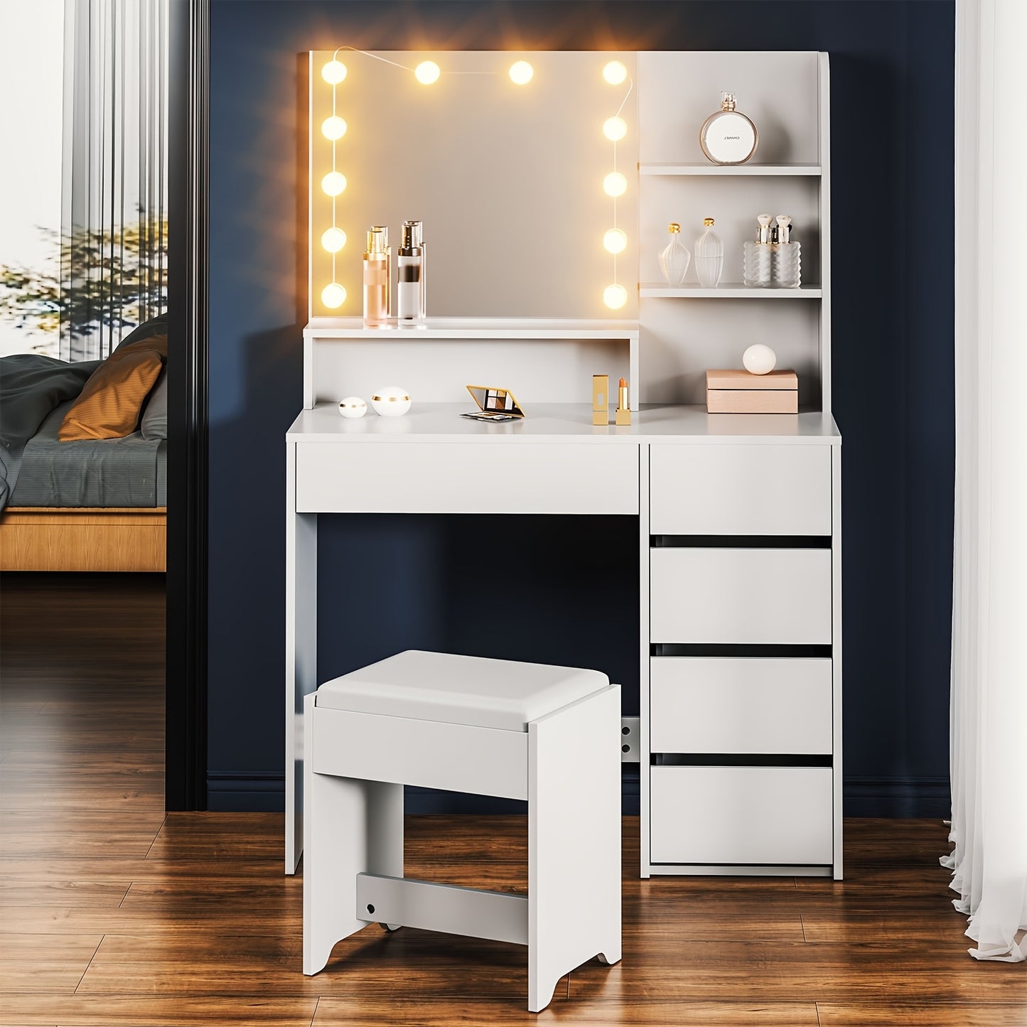 Kaptafel met Spiegel en Kruk – Wit – Make-up Tafel met Laden, Open Planken en 12 LED-Lampen, Instelbare Helderheid – Modern voor Slaapkamer