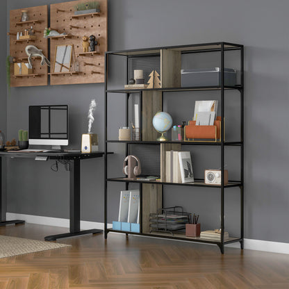 Boekenkast – Vakkenkast – Opbergkast – Rek – Kast – Industrieel Stalen Frame – 5 Lade Niveaus – 120x30x161 cm Grijs-Zwart