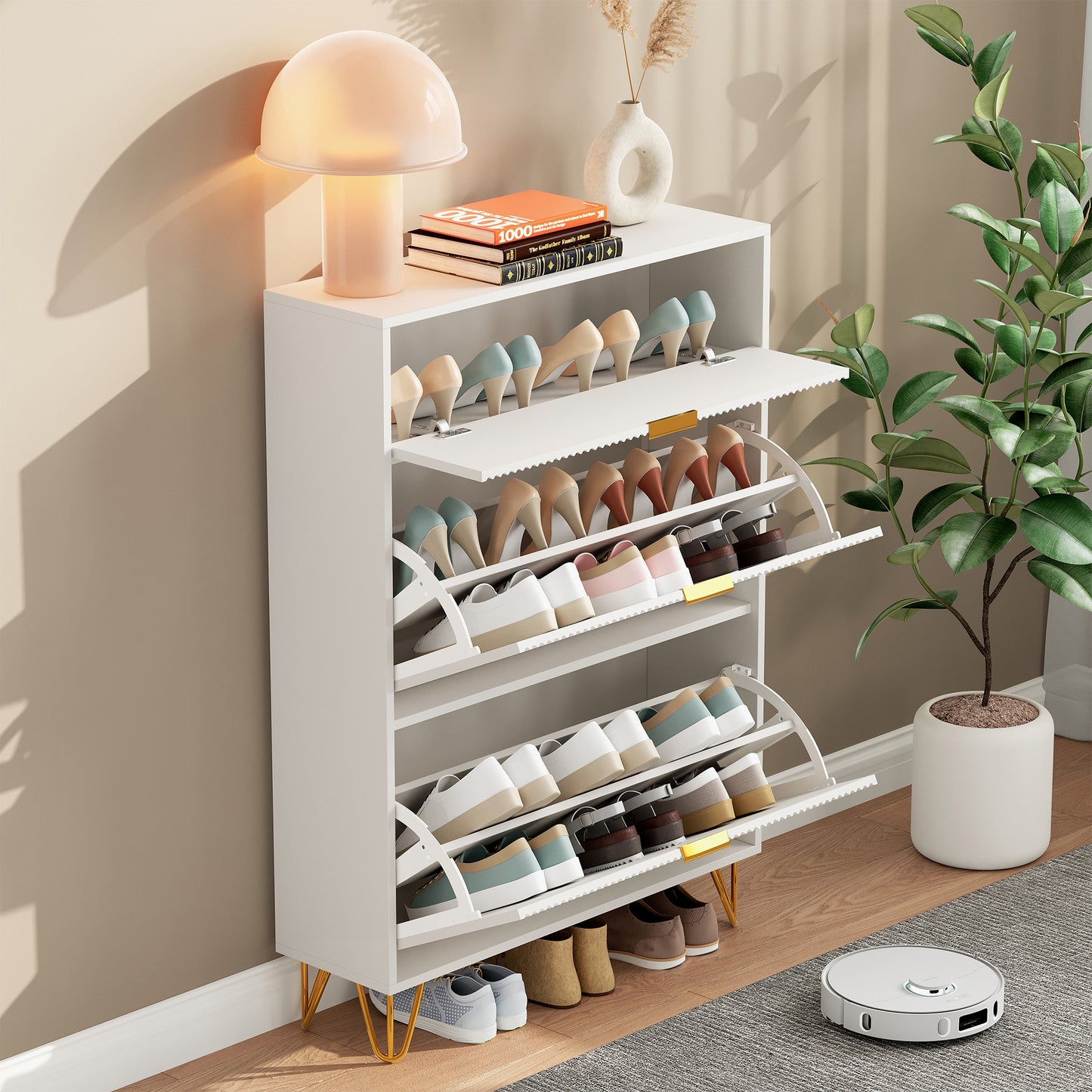 Schoenkast – Schoenmeubel – Schoenopberger – Halmeubel – Kast Voor Schoenen – Met 3 Opbergvakken – Hoogwaardig MDF Met Metalen Accenten – Compact 80x24x118,5 cm – Wit