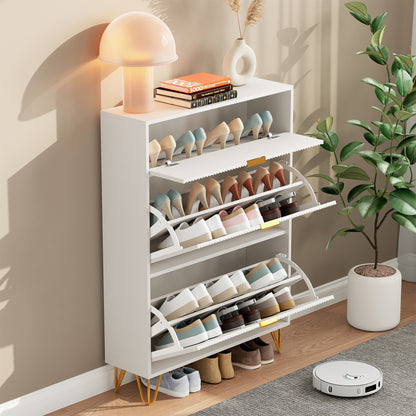 Schoenkast – Schoenmeubel – Schoenopberger – Halmeubel – Kast Voor Schoenen – Met 3 Opbergvakken – Hoogwaardig MDF Met Metalen Accenten – Compact 80x24x118,5 cm – Wit