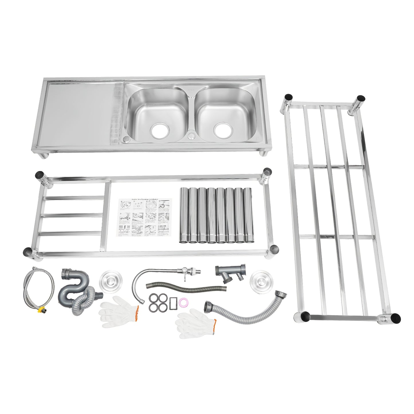 Vrijstaande Spoeltafel – RVS Werktafel – Dubbele Spoelbak – Keukentafel – Afwastegel – Roestvrij Staal – 120x45x80 cm – 360° Draaibare Kraan
