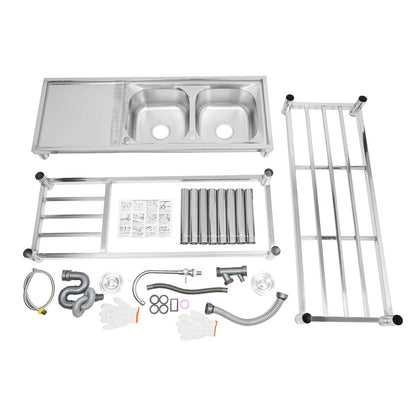 Vrijstaande Spoeltafel – RVS Werktafel – Dubbele Spoelbak – Keukentafel – Afwastegel – Roestvrij Staal – 120x45x80 cm – 360° Draaibare Kraan