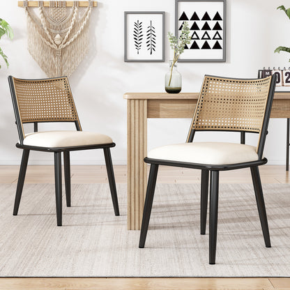 Modern Black Accent Chair with PU Cushioned Seat & Wicker-like Rattan Backrest - Sturdy Metal Frame, Beige/Black Color Options - Easy Assembly Non-Wood Furniture for Living Room, Bedroom, - Durable Comfortable Armchair