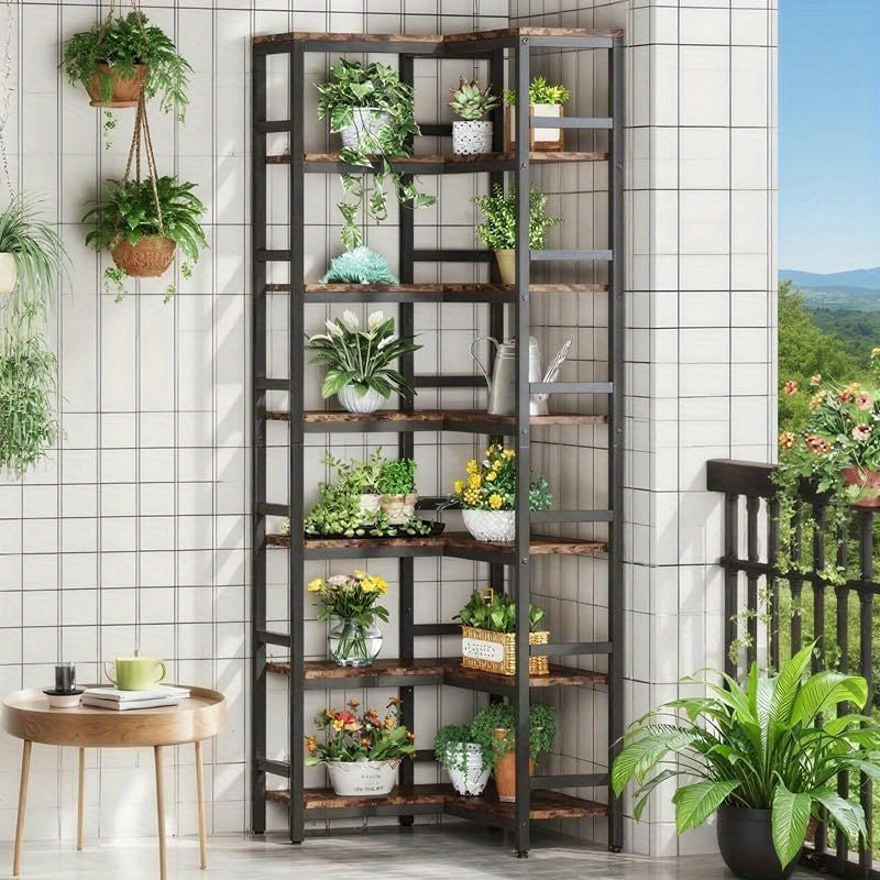 Hoekboekenkast – Smalle Boekenkast – Kleine Boekenkast – Boekenkast – Opbergkast – 7 Metalen Planken – Industrieel Design – 60x60x200 cm – Rustiek Bruin Zwart