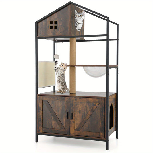 Kattentoren – Krabpaal – Kattenhuis – Kattenmeubel – Kattenbakmeubel – Ingebouwde Kattenbak – Ventilatieopeningen – Stevig Metaal & Jute – Rustic Brown/Black