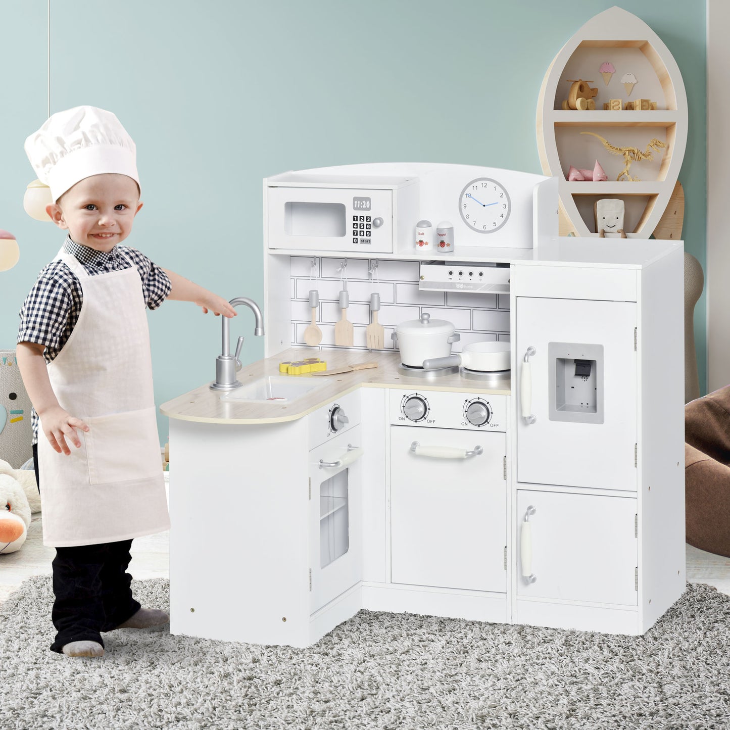 Speelkeuken – Kinderkeuken – Speelkeukentje – Speelkeukentje Voor Kinderen – Wit – 14-delige Accessoireset – Elektrische Waterdispenser – Afmeting 86x64x84,5 cm