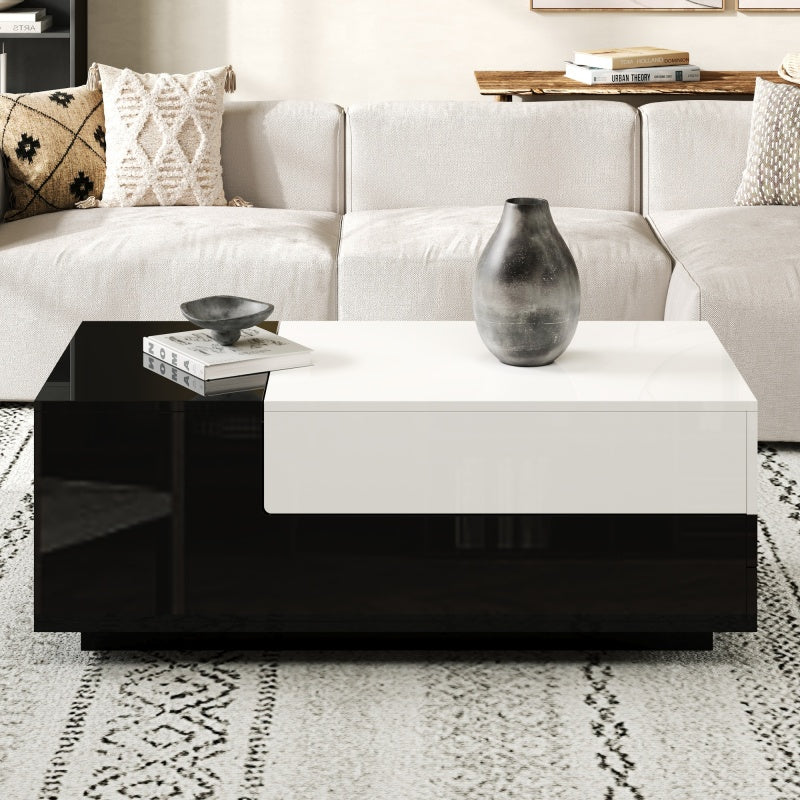 Salontafel – Koffietafel – Woonkamertafel – Dressoirtafel – Bijzettafel – Hoogglans Spaanplaat – Grote Opberglade Met Schuifplaat – Geometrisch Zwart-Wit Design