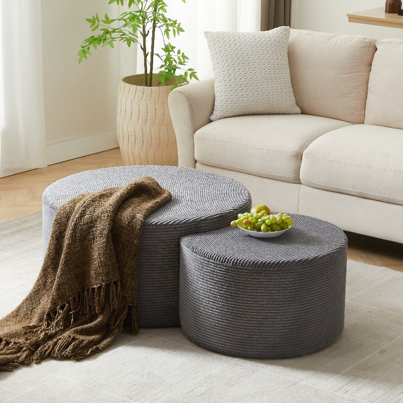 2-delige Ronde Salontafelset – Poef – Hocker – Bladtafel – Foamed Kruk – Modern Woonkamer Meubel – Gevuld Kussen – Geen Montage Nodig