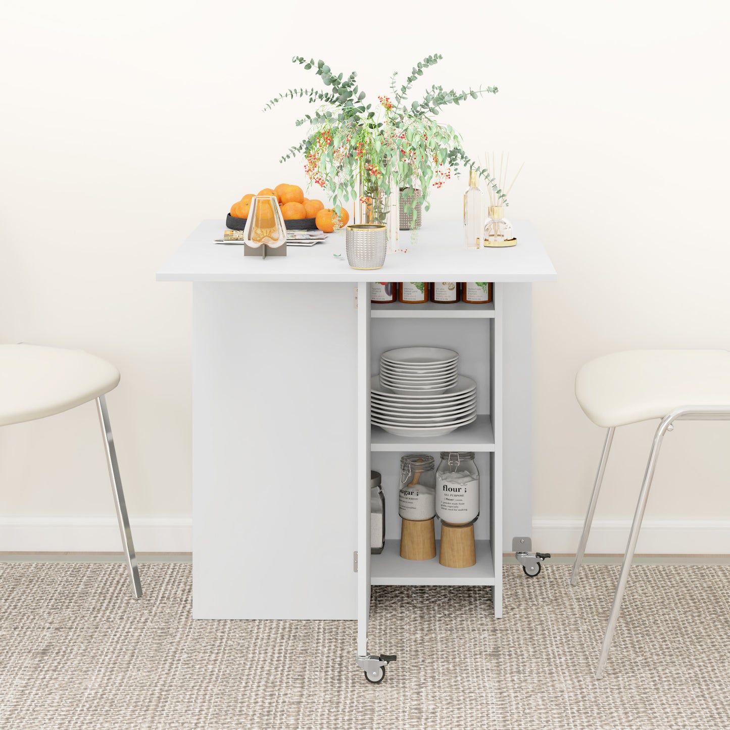 Opvouwbare Tafel – Klaptafel – Vouwtafel – Campingtafel – Eettafel – Inklapbaar – Met Lade & Open Vakken – Wit – 114,5x70x75 cm – Ruimtebesparend