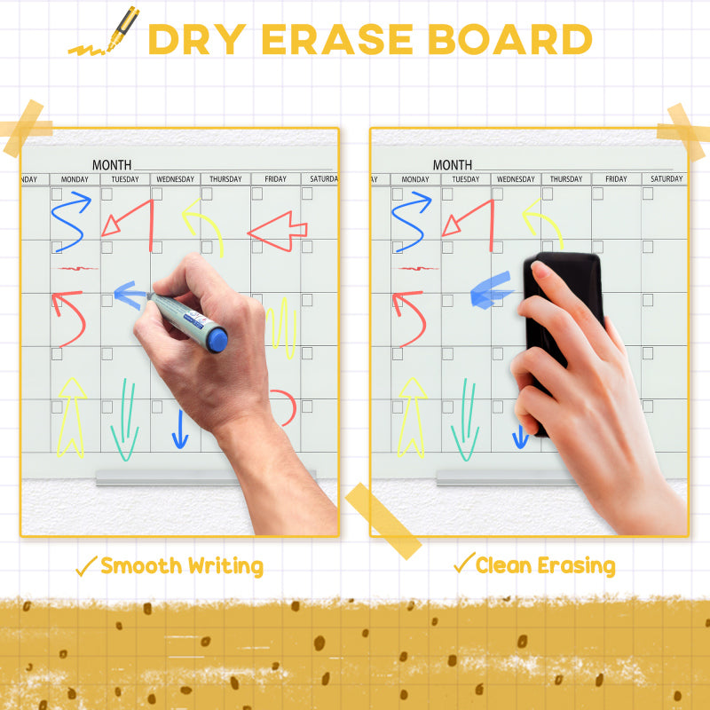 Whiteboard Kalender – Whiteboard Bord – Planbord – Schrijfbord – Organisatiebord – Wit – 90x60 cm – Glad Keramisch Oppervlak – Inclusief 4 Kleuren Markers en Wisser