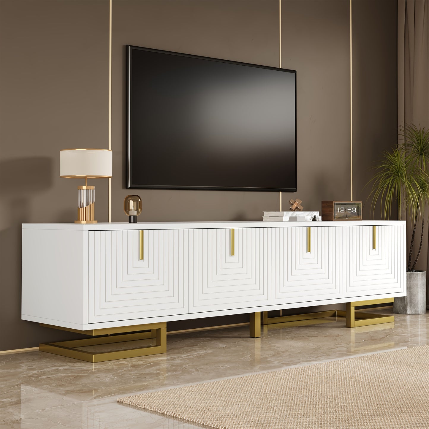 Modern Low-Profile TV Cabinet with Textured Doors & Golden Handles/Legs - -Standing Media Console, Ample Storage Space Suitable for, (No Wood)