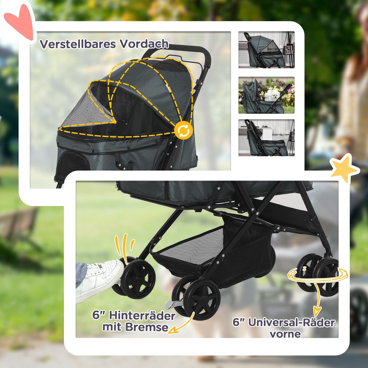 Opvouwbare Hondenwagen – Hondenbuggy – Huisdierenwagen – Wandelwagen – Dierenwagen – Verstelbare Beschermkap – Mesh Ventilatievenster – Donkergrijs – 76,5 x 52 x 95 cm
