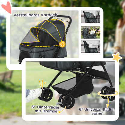 Opvouwbare Hondenwagen – Hondenbuggy – Huisdierenwagen – Wandelwagen – Dierenwagen – Verstelbare Beschermkap – Mesh Ventilatievenster – Donkergrijs – 76,5 x 52 x 95 cm