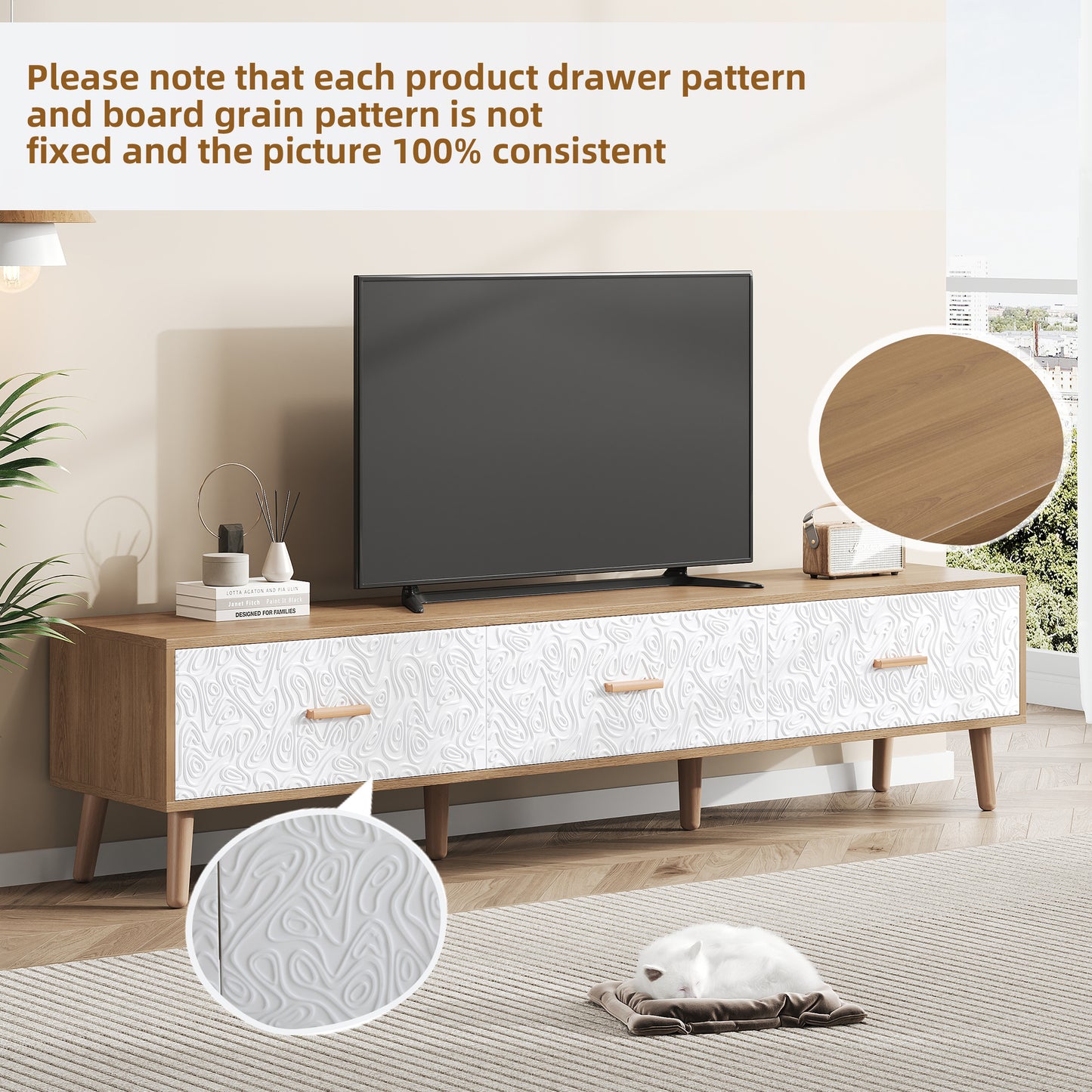 TV Meubel – TV Kast – TV Dressoir – Lowboard – TV Meubelen – Scandinavisch Design – 150x35x39 CM – Lichte Houtstructuur Met Witte Fronten