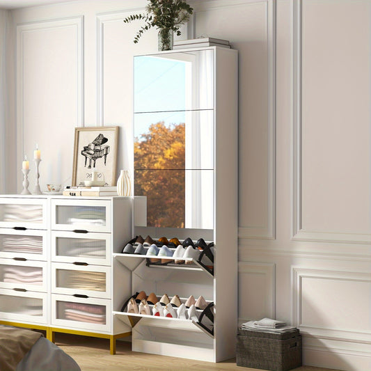 Shoe Storage Unit with a Full-Length Mirror, Featuring a Double Rack And Five Flip Drawers, Designed in White Wood for Organizing Shoes in Entryways, Hallways, And Corridors.