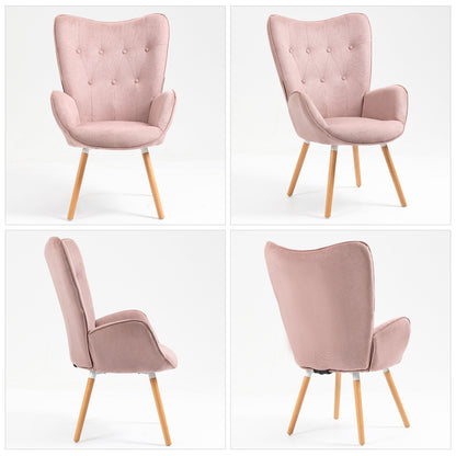 Slaapkamerfauteuil – Lounge Stoel – Zetel – Relaxfauteuil – Living Kamerstoel – Roze Stoffen Bekleding – Scandinavisch Design Met Eiken Houten Poten