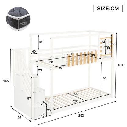 Wit Stapelbed – Kinderbed – Hoogslaper – Bovenbed – Stapelbed Met Veiligheidsnet – Drie-Delige Opbergladder – Ruimtebesparend Twin/Full Bed – Stevige Ladder Met Bescherming