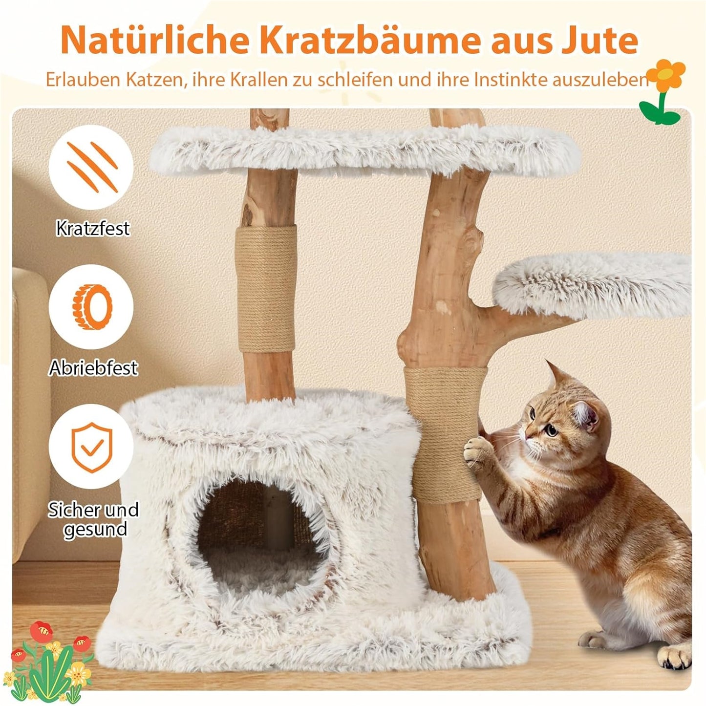 Krabpaal Kat – Krabboom Katten – Kattenmeubel – Klimpaal Kat – Kattenboom – 135 cm Hoog – Massief Houten Frame Met Jute Krabposts – Zacht Plush Zitgedeelte Wit